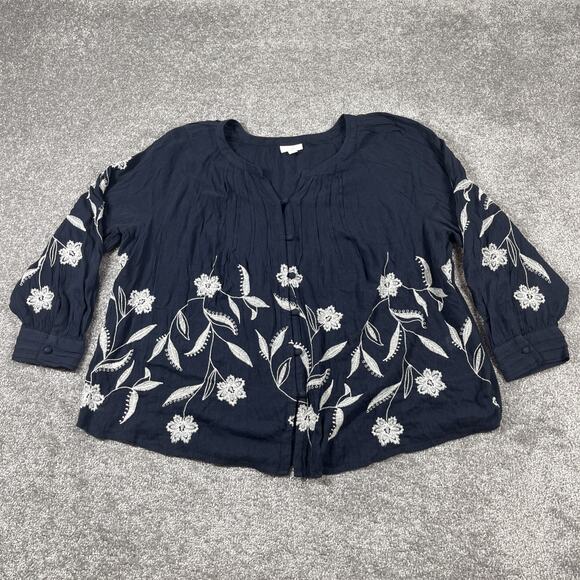 J Jill Blouse Womens Extra Large Petite Embroidered Floral Boho Flowy Buttons - Picture 2 of 15